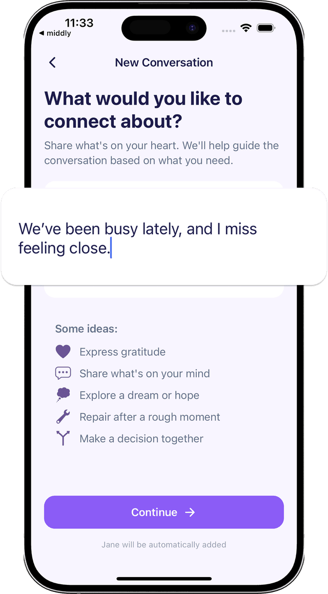 Middly app showing love languages and connection features